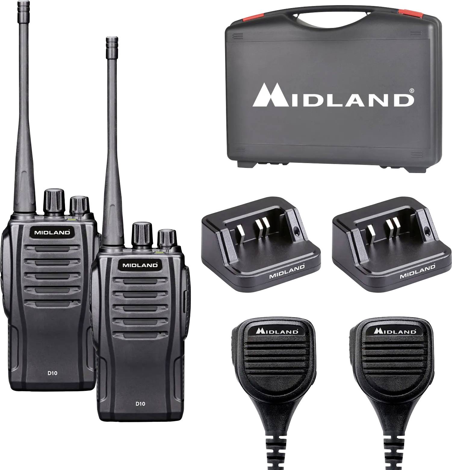 Midland komplet radijskih postaj z dvema voki-tokija, torbo za prenašanje, dvema polnilnima postajama in dvema priseznima mikrofonoma.