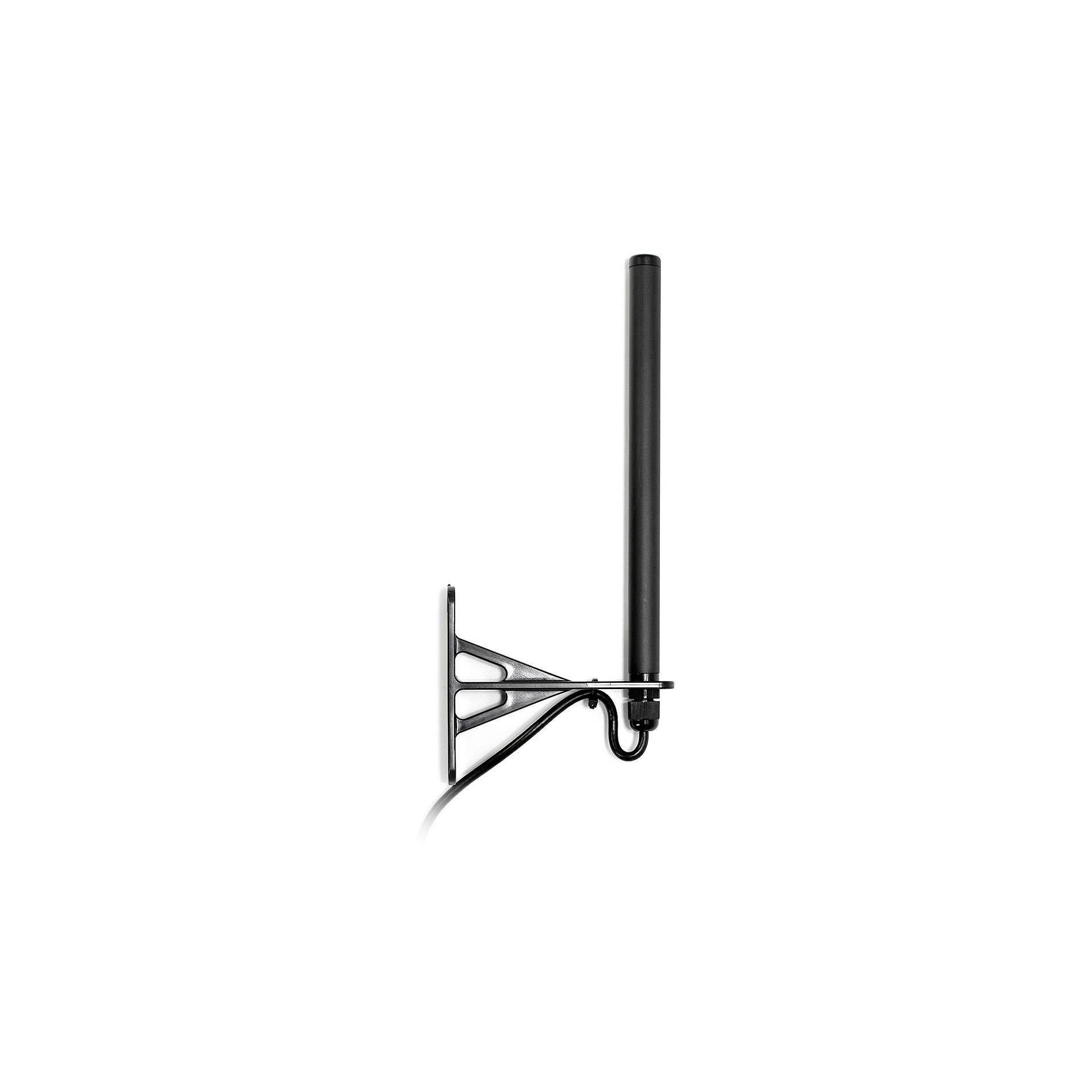 Črna stensko pritrjena antena ali sprejemnik signala z navpično palico in konzolo na belini.