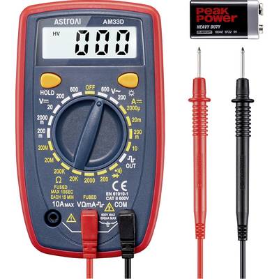 Digitalni multimeter z rdečo in črno preskusno sondo in 9V baterijo, ki prikazuje zaslon merilnika pri 000.