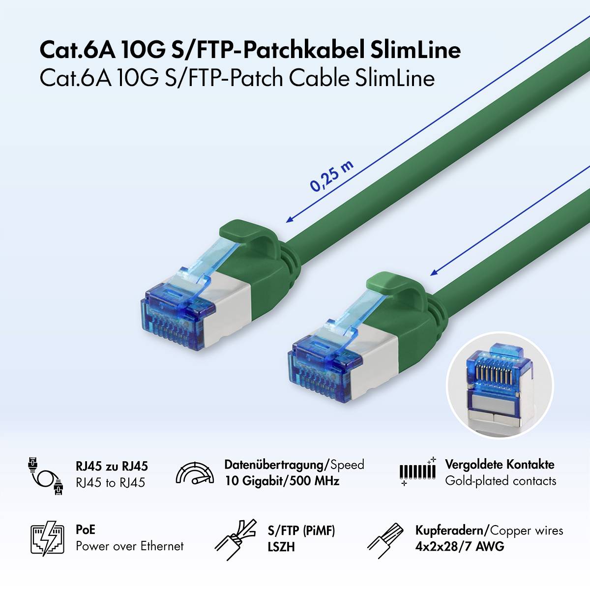 Grafika izdelka kablа Cat.6A 10G S/FTP SlimLine, ki prikazuje priključka RJ45-na-RJ45, dolžino 0,25 m in lastnosti: PoE, 10 Gbit/s, zlato obloženi kontakti, bakrene žice, LSZH.