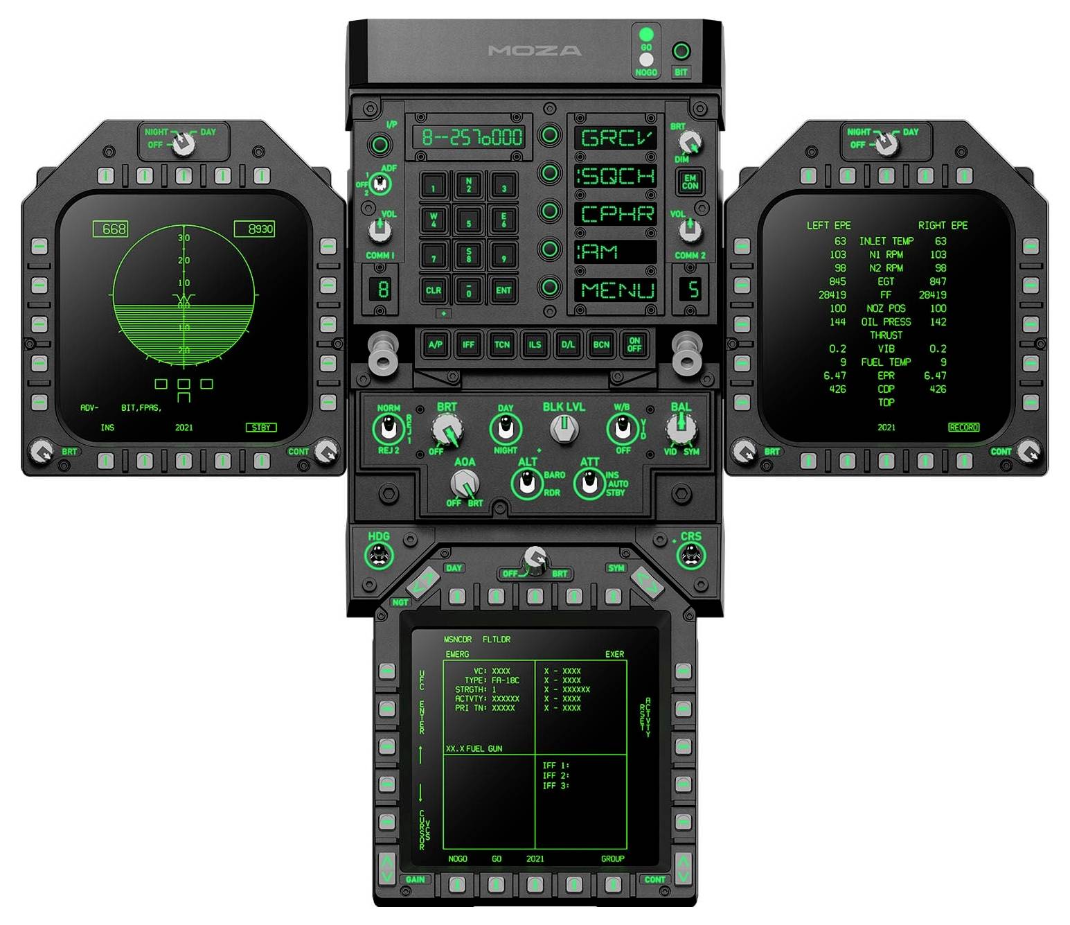 Petpanelni MOZA prikazovalnik letnih instrumentov z zelenimi digitalnimi prikazovalniki v pilotski kabini, kontrolami in navigacijskimi podatki na črni konzoli.
