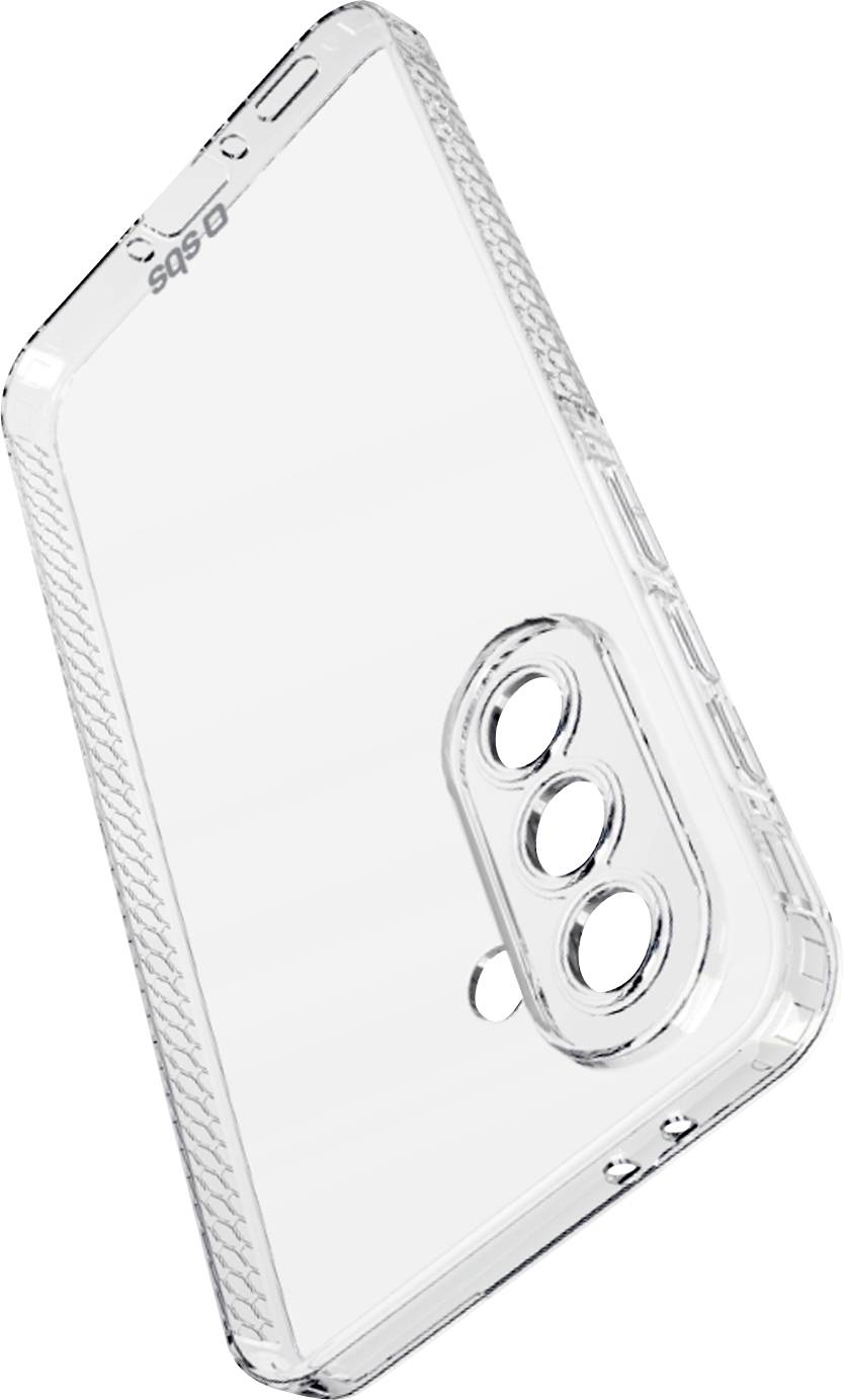 Pregledna zaščitna silikonska ovitek za pametni telefon, prikazan pod kotom, z izrezi za kamero in gumbe.