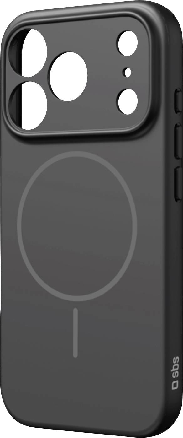 Črna torbica za pametni telefon z dvignjenim izrezom za kamero in magnetnim okroglim znakom na hrbtni strani.