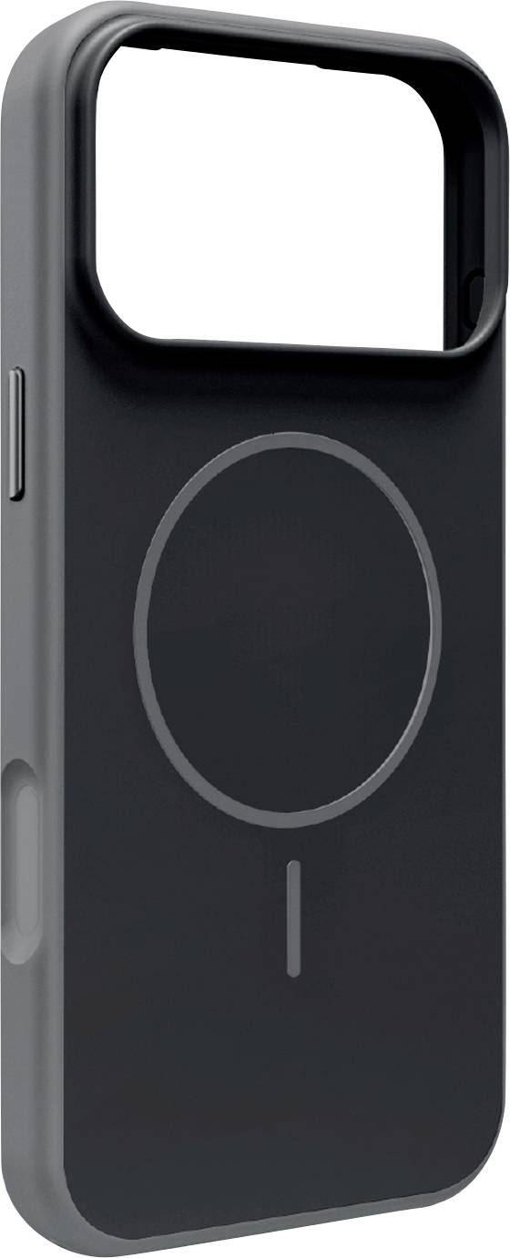 Črn ovitek za pametni telefon z velikim izrezom za kamero in magnetnim polnilnim obročem MagSafe na navadnem belem ozadju.