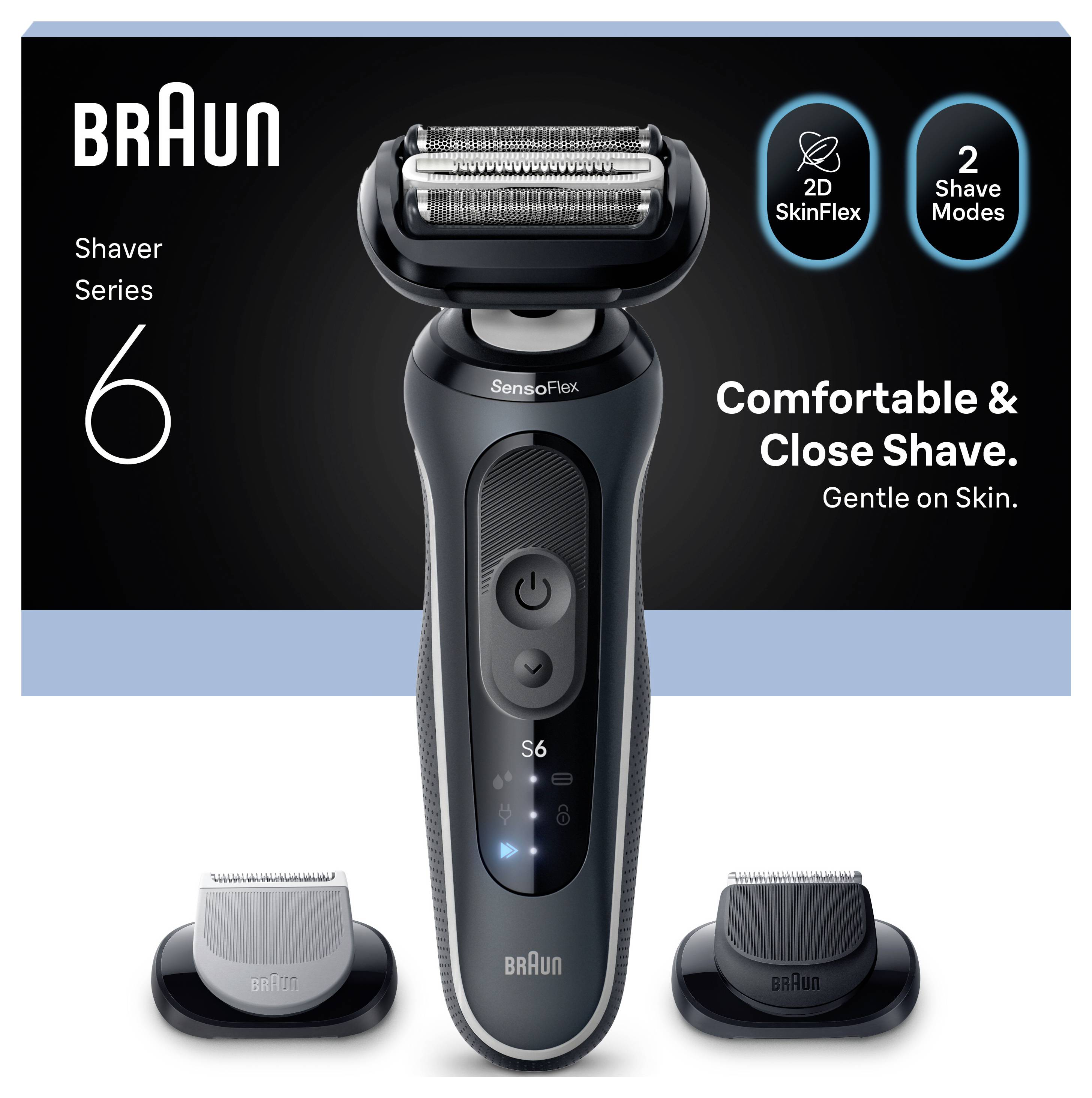 Braun Series 6 električni britnik v sredini, s tekstom »Udobna in blizu britina«, 2D SkinFlex in 2 načina britja, ter dva nastavka za polnjenje/obrezovanje spodaj.