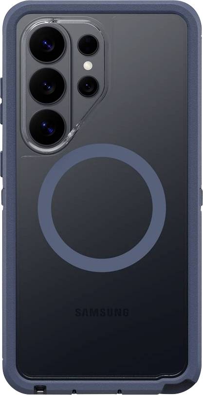 Pogled od zadaj samsungovega pametnega telefona v robustni temni silikonski mapi, ki prikazuje trojno zadnjo kamero in osrednjo krožno obročasto magnetno držalo v slogu MagSafe.