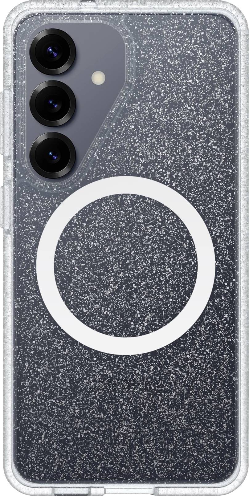 Prozorna glitrna etui za telefon s tremi izrezi za zadnje kamere in velikim belim magnetnim obročem MagSafe-slogastila na hrbtni strani.