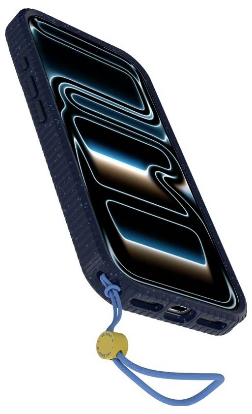 Nagnjena črna torbica za pametni telefon z bleščečo modro abstraktno grafiko zaslona in modro vrvico za nošenje pripete