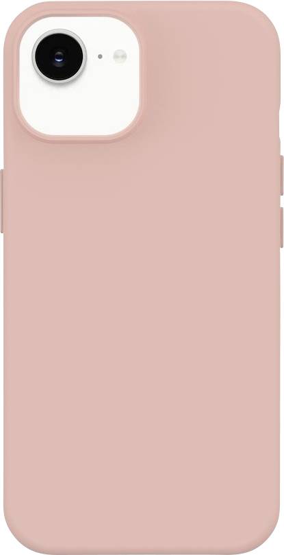 Rožnata silikonska zaščita za pametni telefon prikazana z zadnje strani z belo izrezom za kamero in enim zadnjim objektivom v zgornjem levem kotu.