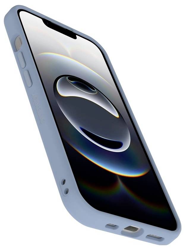 Svetlomodra zaščita za pametni telefon na telefonu, prikazana pod kotom z izrezi za kamero, gumbe in vhod za polnjenje.