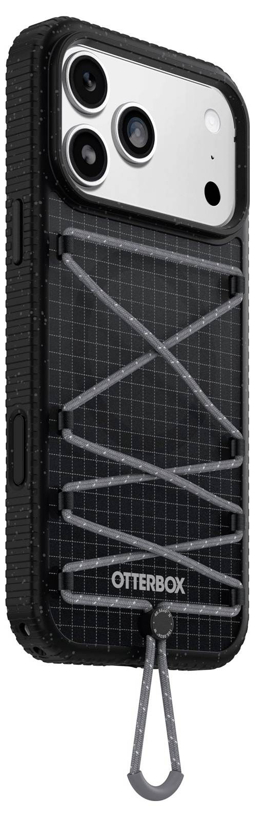 Črna zaščitna torbica OtterBox za telefon s trdno mrežasto teksturo in vgrajeno zanko za trak, prikazana na pametnem telefonu s tremi objektivi zadnje kamere.