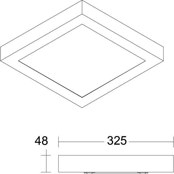Tehnični načrt diamantne oblikovane vgrajene stropne svetilke z oznako dimenzij 48 in 325.