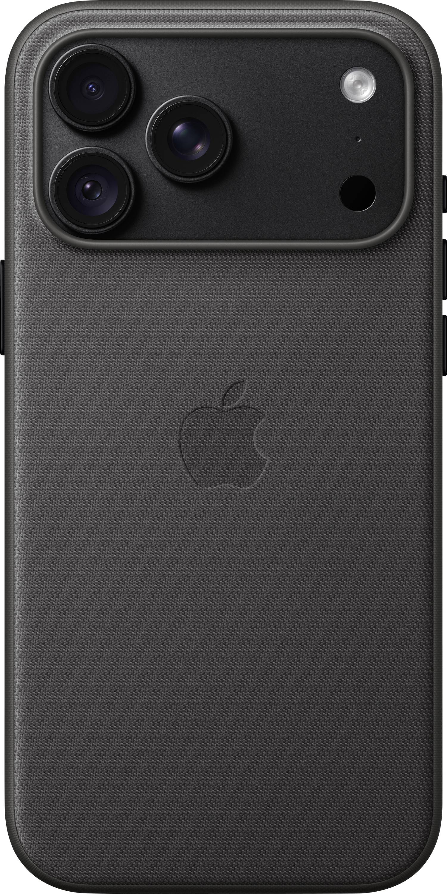 Hrbet črnega iPhona s trojnimi kamernimi objektivy, bliskavico in sredinsko postavljenega logotipa Apple.
