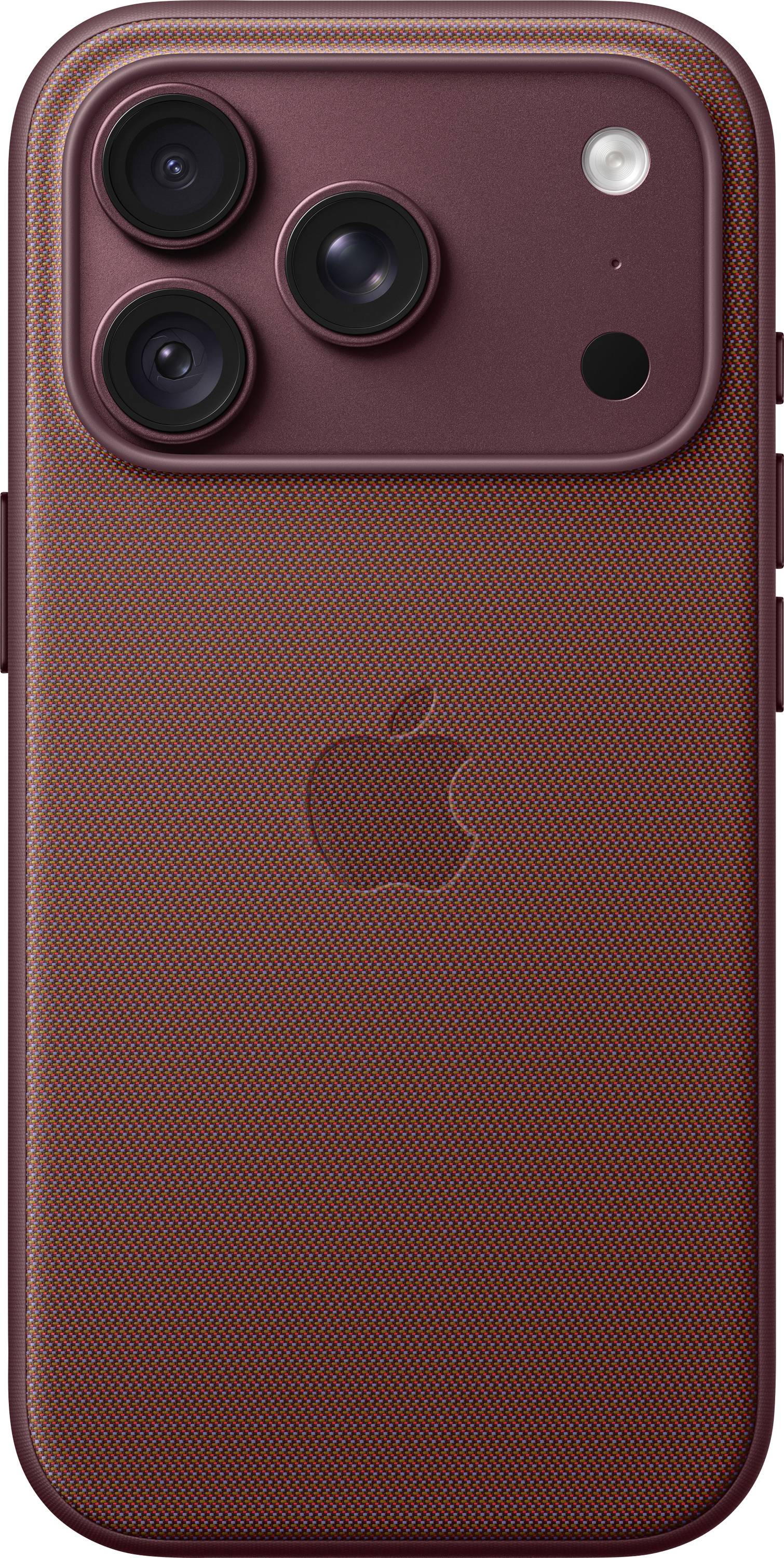 Hrbet rjavega usnjnega etuja za iPhone s trojno kamero, bleščavico in logotipom Apple.