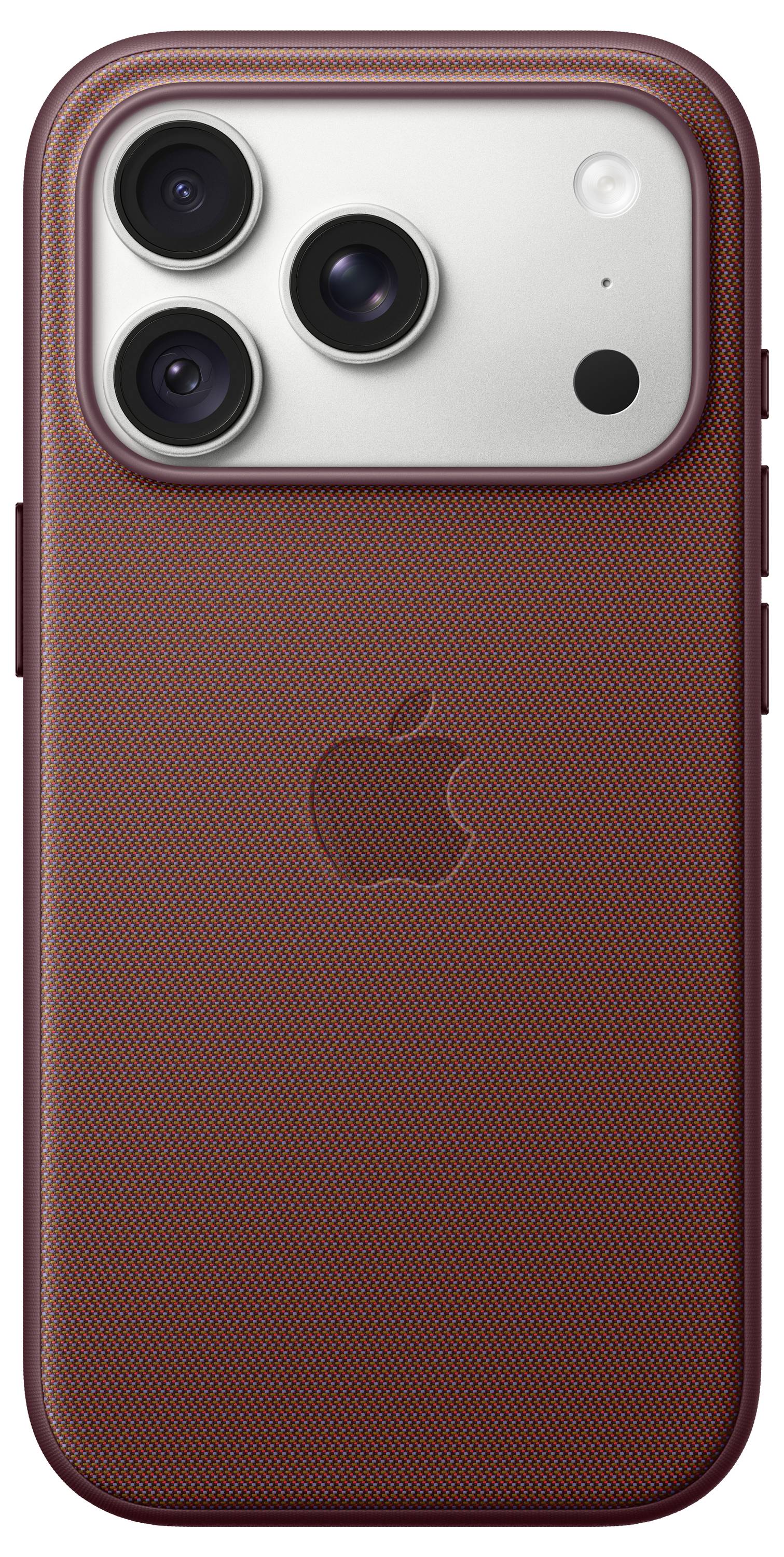 Pogled od zadaj oranžnega teksturiranega zaščitnega ovoja za iPhone s tremi objektivami zadnje kamere in logotipom Apple.