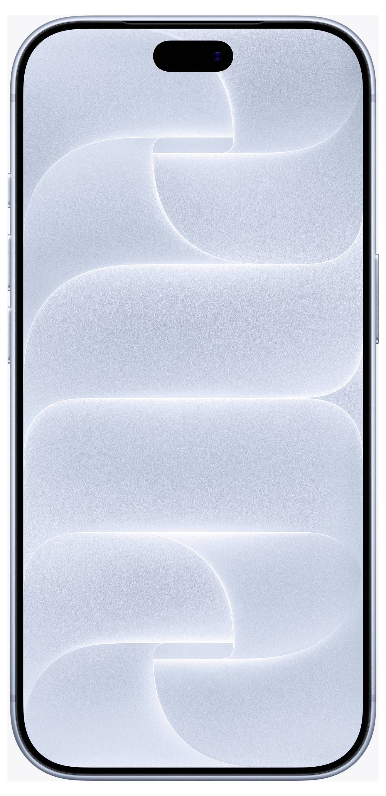 Frontalni pogled na svetlo modriček iPhone s sredinsko umestljenim piluličastim izrezom za kamero in abstraktno valovito ozadje.
