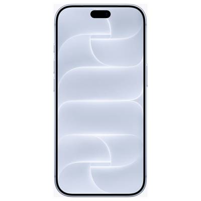 Frontalni pogled na svetlo modriček iPhone s sredinsko umestljenim piluličastim izrezom za kamero in abstraktno valovito ozadje.