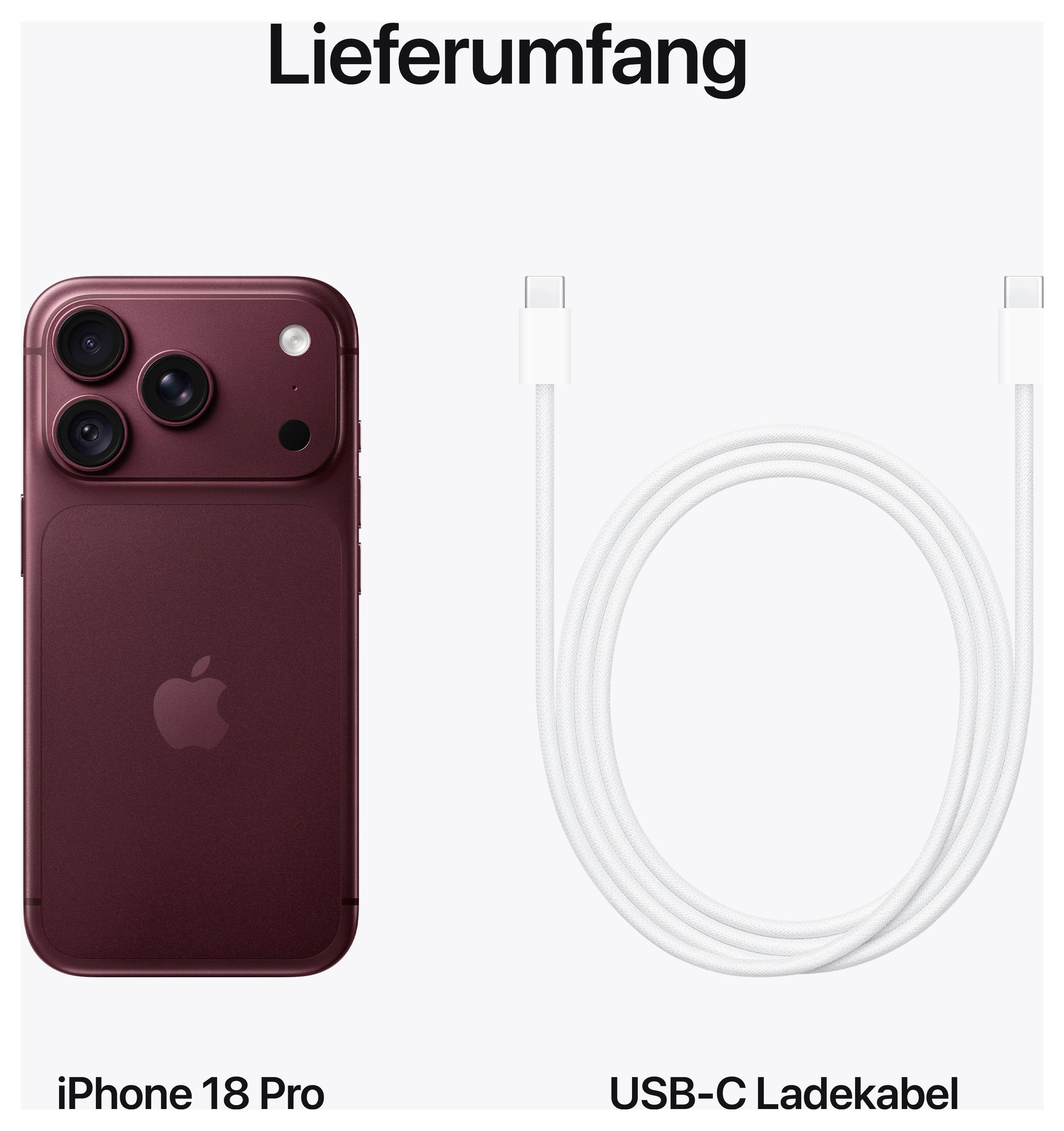 Obseg dobave za iPhone 18 Pro: pametni telefon v temno rdeči barvi in kabel za polnjenje USB-C.
