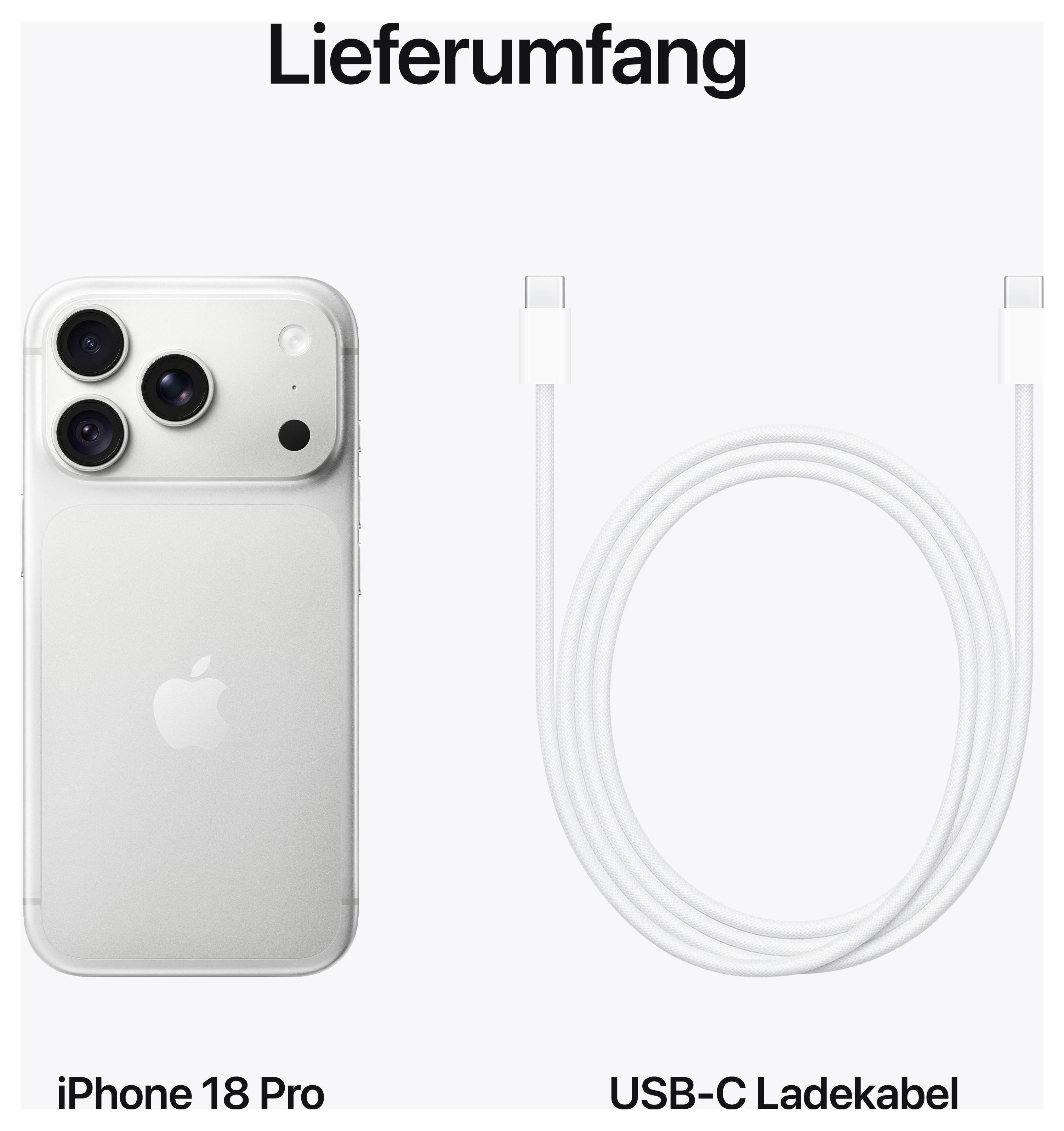 Obseg dostave: iPhone 18 Pro in polnilni kabel USB-C prikazana poleg telefona.