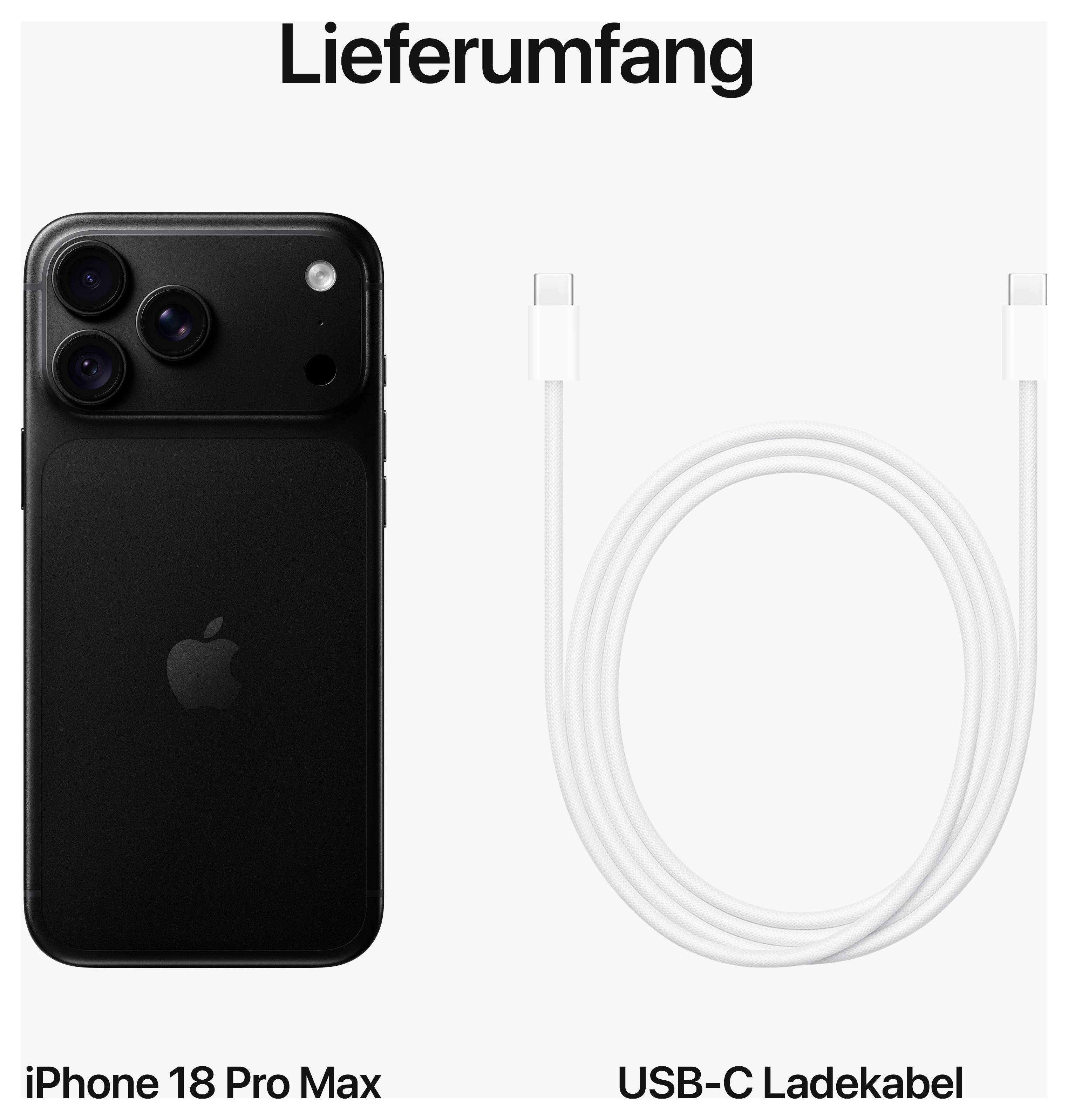 Obseg dobave: iPhone 18 Pro Max in USB-C kabel za polnjenje.