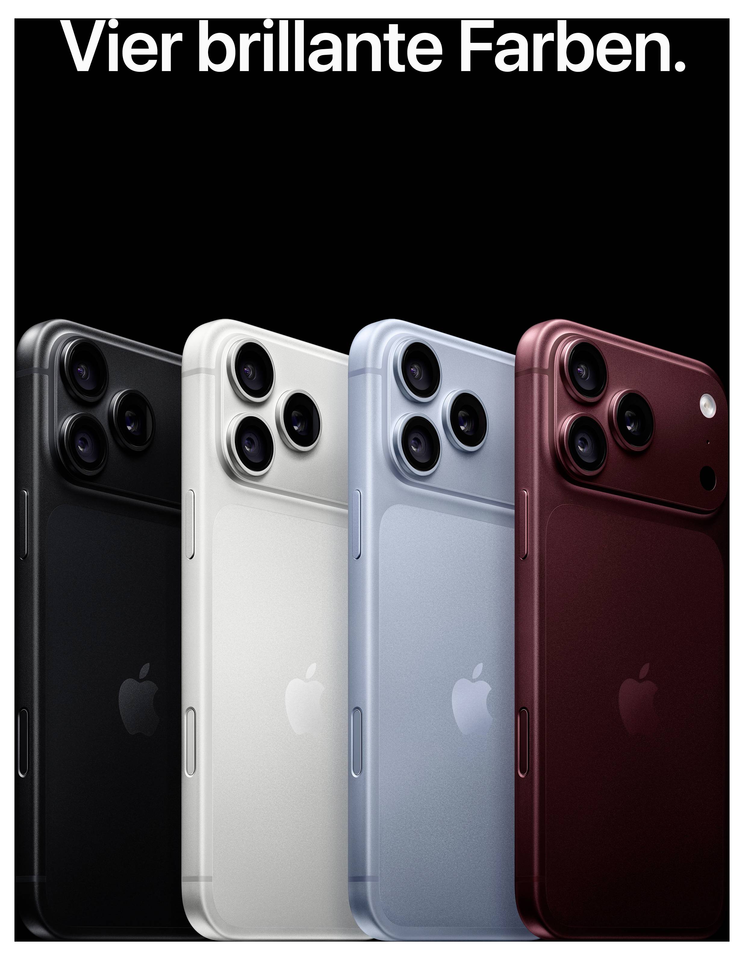 Oglas s štirimi iPhone-i v črni, beli, svetlo modri in rdeči barvi; zgoraj piše »Štiri briljantne barve.«