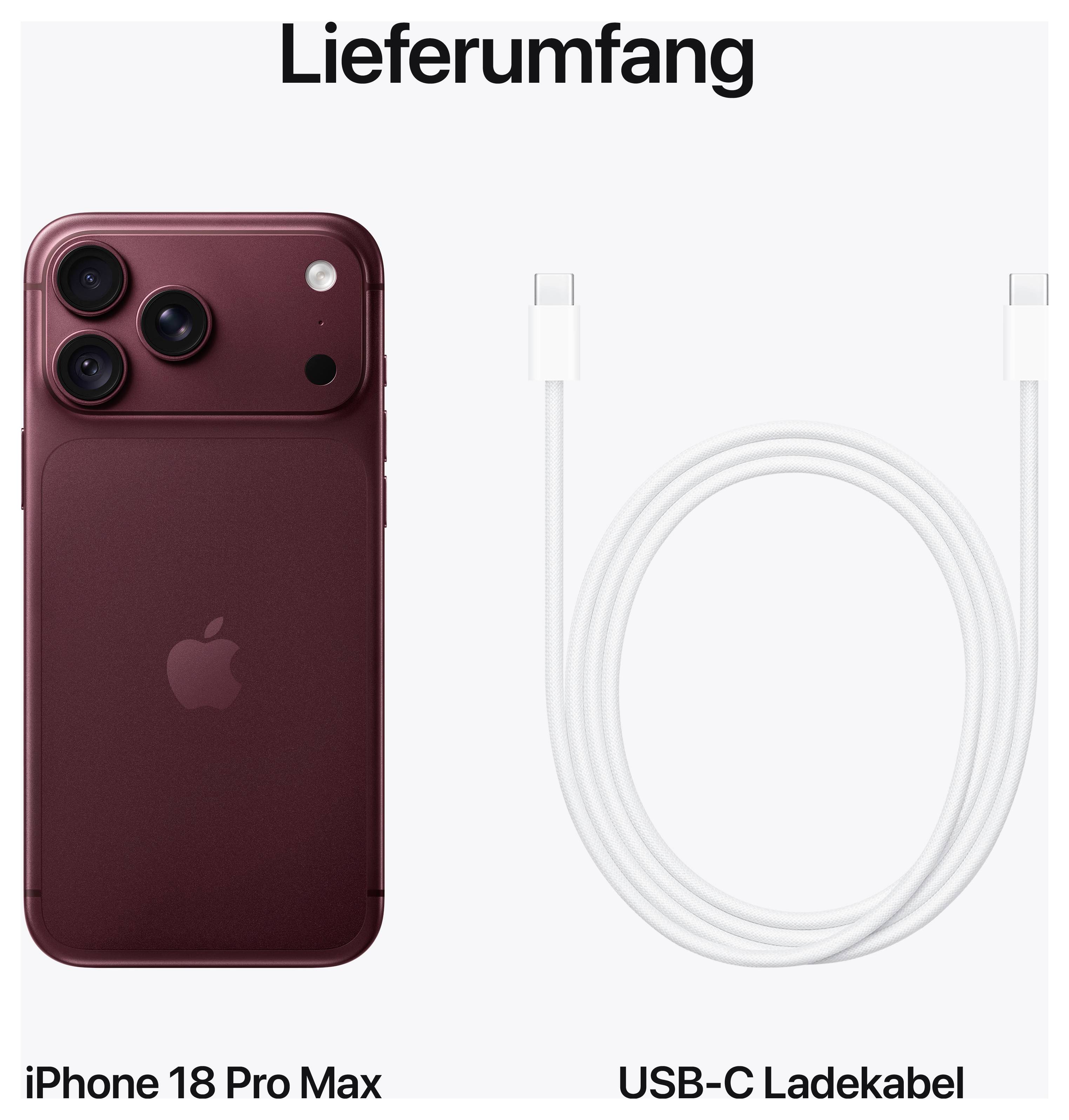 Obseg dobave za iPhone 18 Pro Max: bordo barvno pametno telefon in bel USB-C kabel za polnjenje.