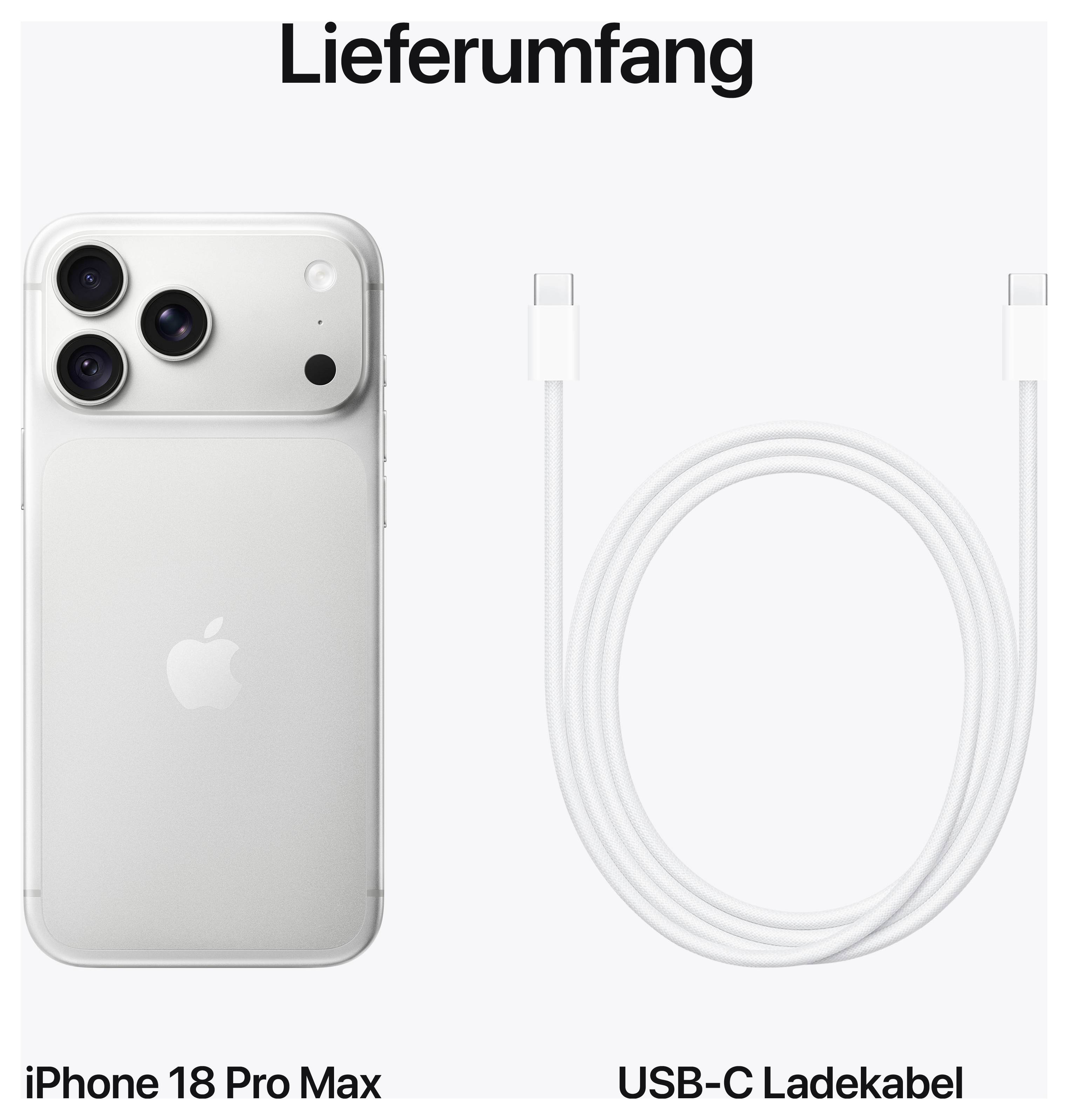 Prikaz izdelka z iPhone 18 Pro Max in kablom za polnjenje USB-C; naslov 'Vsebina paketa' prikazuje vključene dele.