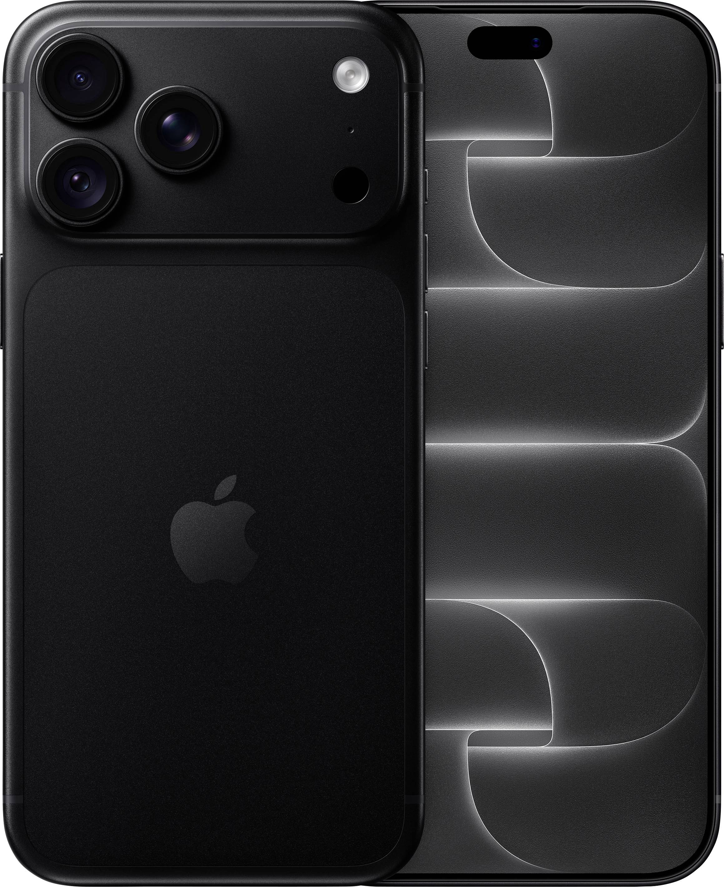 Črni iPhone prikazan spredaj in zadaj, poudarjajući trojno zadnjo kamero in temno teksturirani dizajn zaslona.