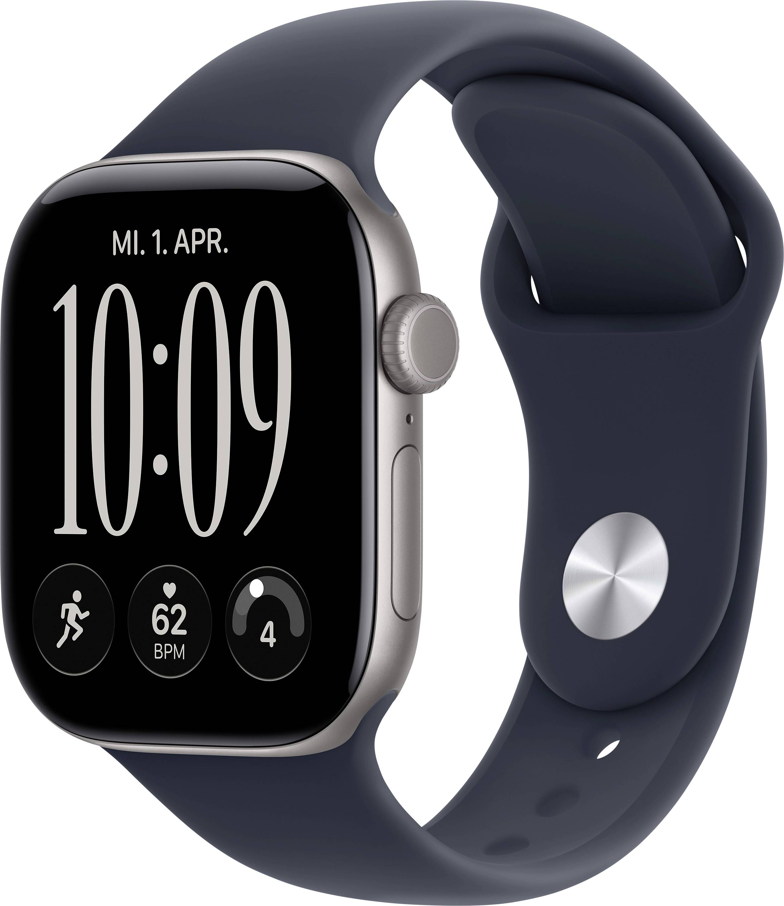 Apple Watch prikazan od spredaj in z boka s temno modrim pasom in zaslonom, ki prikazuje 10:09, 'PI. 1. APR.', srčni utrip 62 udarcev/min in ikone aktivnosti.