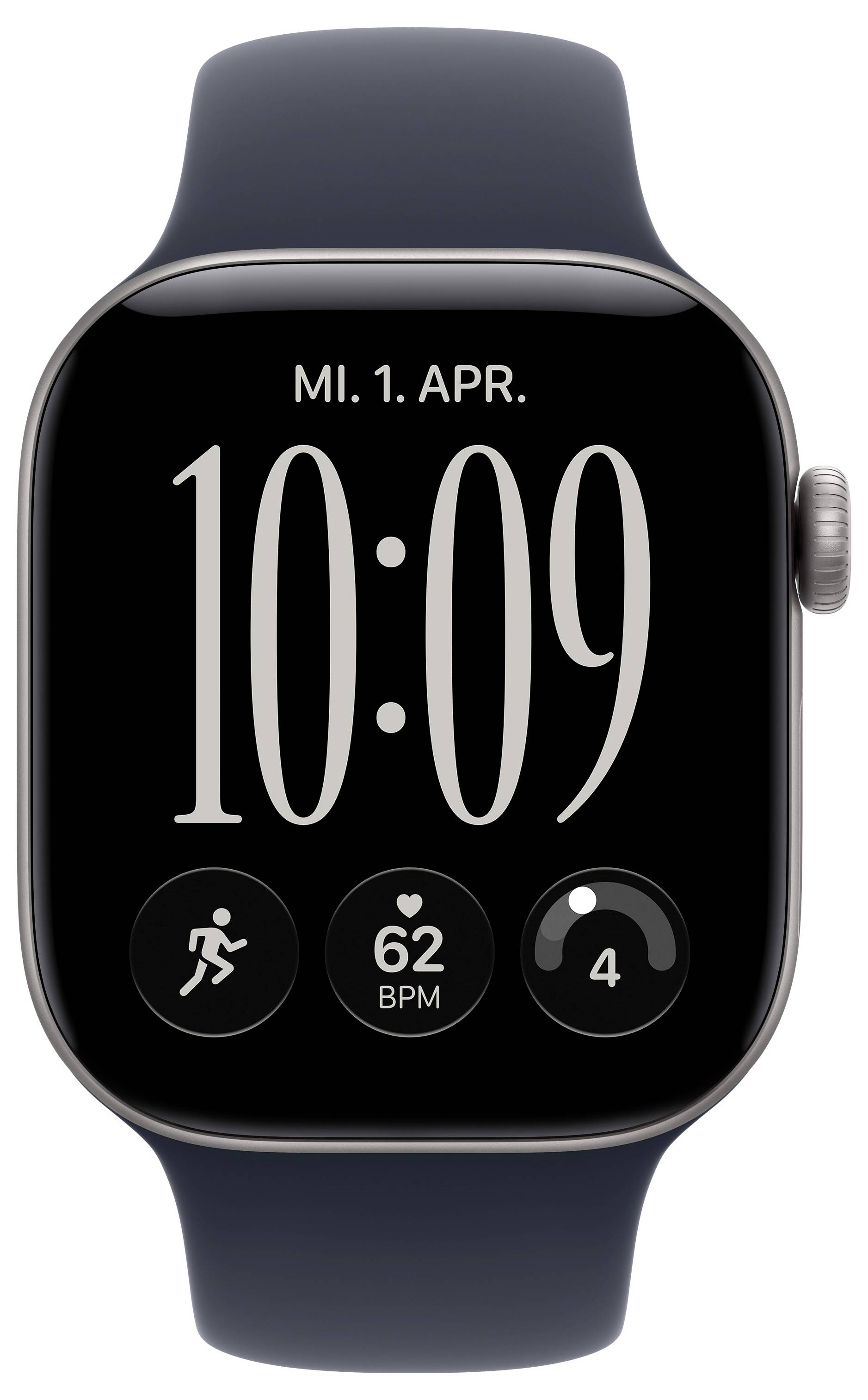 Apple Watch s temno trakco, ki prikazuje obraz ure, datum »MI. 1. APR.«, čas 10:09, srčni utrip 62 BPM in indikatorje aktivnosti.