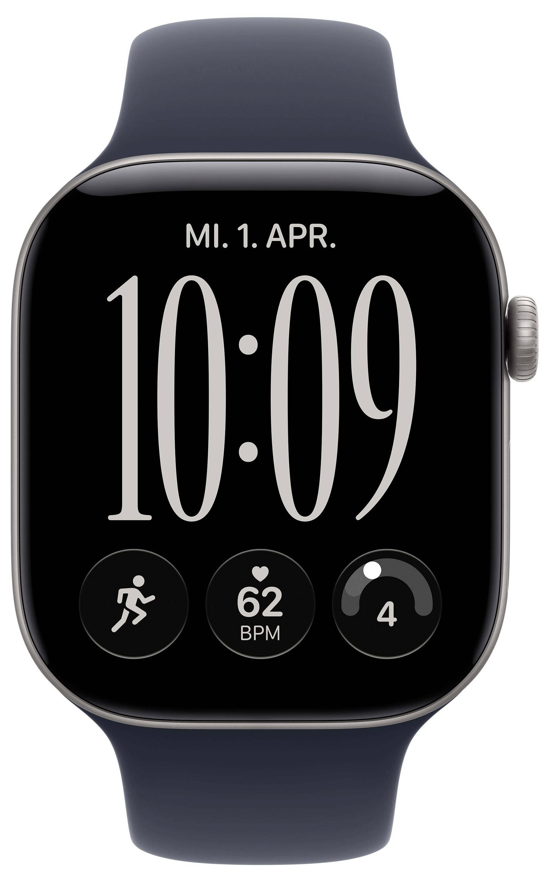 Apple Watch s črnim trakcem, ki prikazuje cifernik z 'PI. 1. APR.' zgoraj, čas 10:09, spodaj pa икони za trening, srčni utrip 62 BPM in aktivnost.