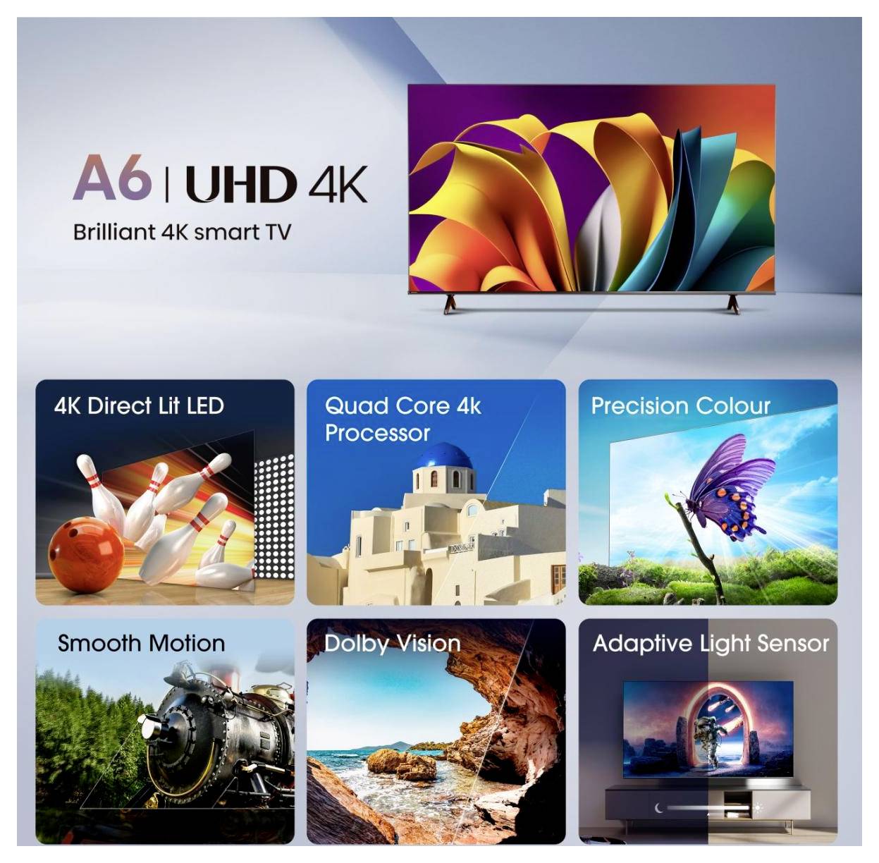 Promocijski grafični prikaz za A6 UHD 4K pametni televizor, ki izpostavlja 4K Direct Lit LED, Quad Core 4K procesor, Precision Colour, Smooth Motion, Dolby Vision in Adaptive Light Sensor.