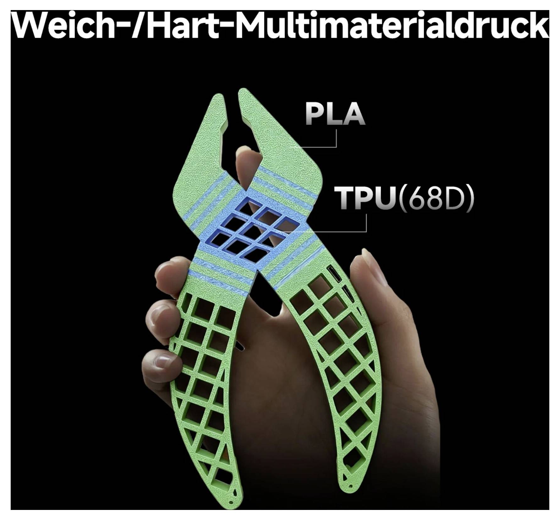 Roka, ki drži zeleni 3D-tiskan prijemač z oznako 'Weich-/Hart-Multimaterialdruck', ki prikazuje območja materialov PLA in TPU(68D) za prožne in toge odseke.