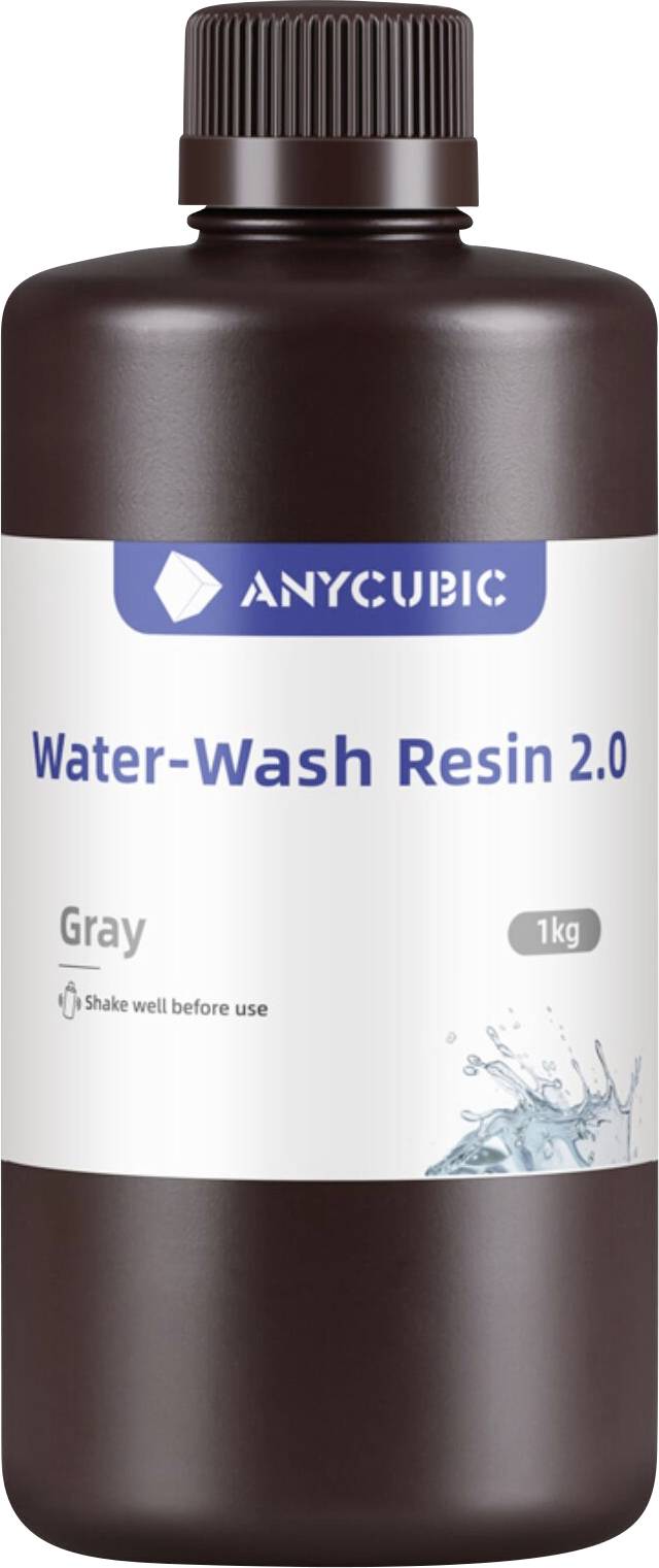 Steklenica Anycubic Water-Wash Resin 2.0, siva, 1 kg, z nemogočo rjavo pokrovko in nalepko s napisom "Dobro pretresite pred uporabo".