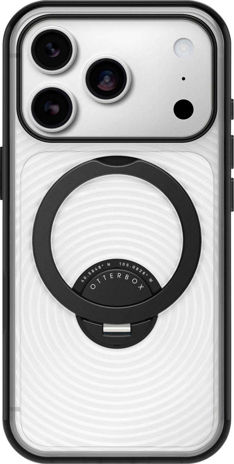 Bela zaščita za iPhone s črnim krožnim OtterBox obročnim stojalom, postavljenim na sredini hrbtne strani, prikazano na telefonu s trojno kamero.