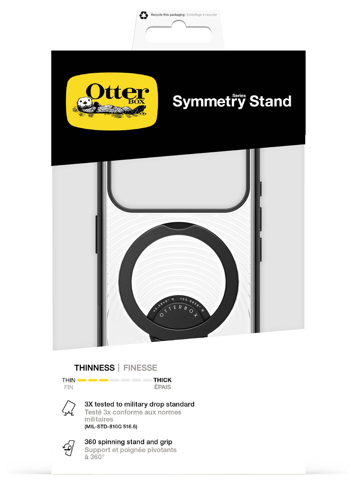 Embalaža ohišja za mobilni telefon OtterBox Symmetry Series Stand z vgrajenim stojalom; oznake izpostavljajo tankost, 3-kratno vojaško zaščito pred padci in 360-stopinjski vrteči se prihvat.