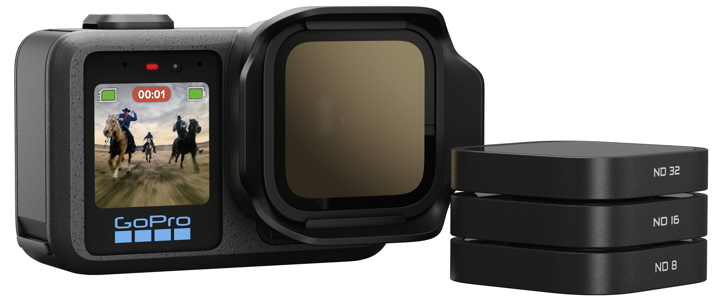 GoPro akcijska kamera s sprednjim in zadnjim prikazom, prikazana ob strani treh zloženih ND filtrov z oznako ND 32, ND 16 in ND 8.