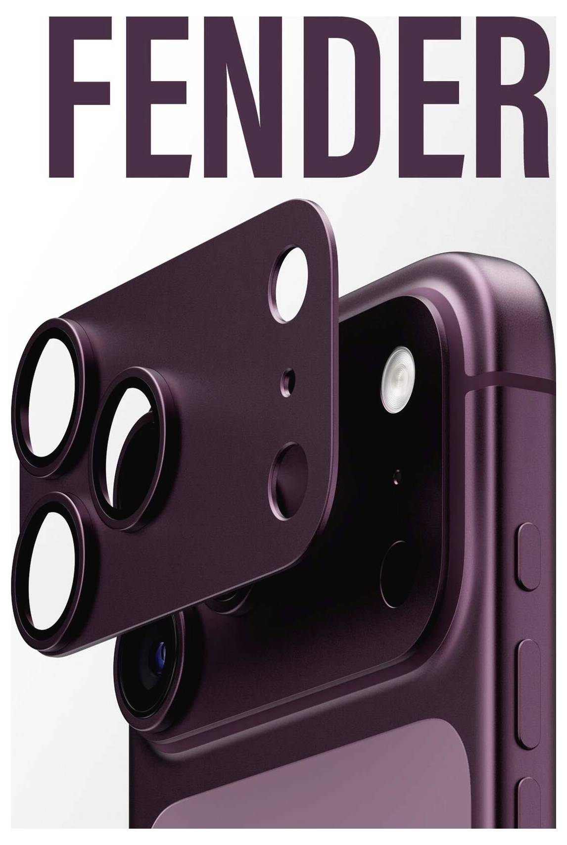 Vijoličen iPhone z dvignjenim trojnim zaščitnim oklepom za kamero z oznako 'FENDER' na vrhu.