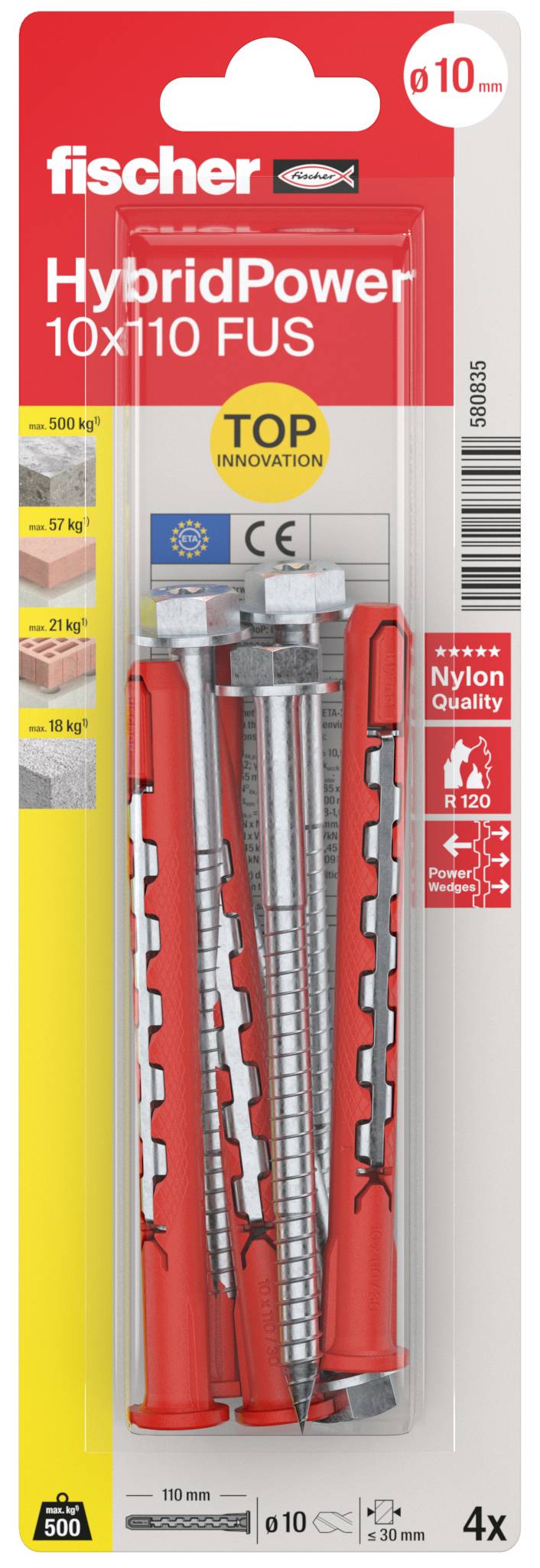 Embalažа za Fischer HybridPower 10x110 FUS stenske ankerje, prikazana v blazinici s sivimi in rdečimi sidri ter oznakami "Top Innovation" in "4x".