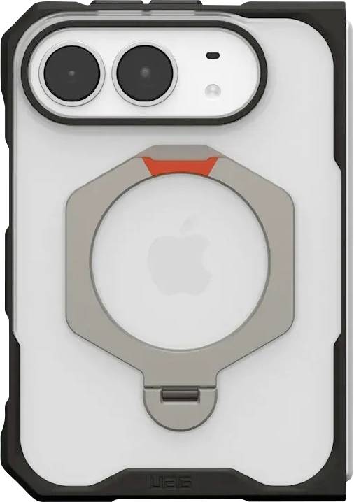 Bel etui za iPhone s sivo šestkotno MagSafe obročko in izrezom za fotoaparat, prikazan od zadaj.