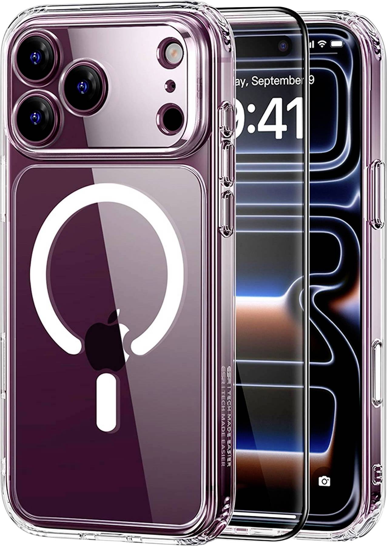 Dva iPhona v prozornih etujih, eden z velikim belim obročem podobnim MagSafe-u in logotipom Apple na vijoličnem hrbtu, drugi prikazuje zaklenjeni zaslon.