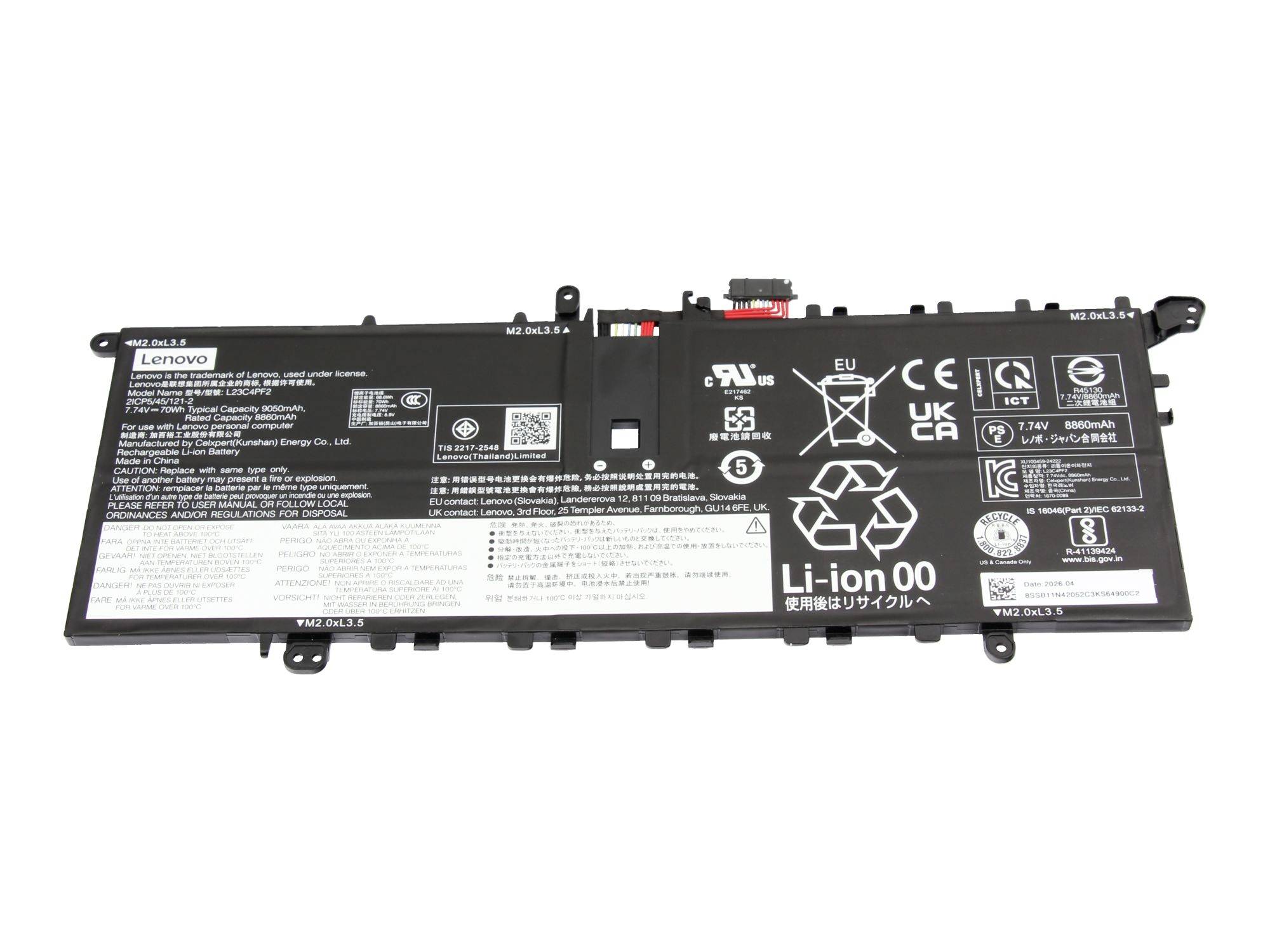 Lenovo Li-ionski baterijski paket z varnostnimi nalepkami in priključki, prikazan na belem ozadju.