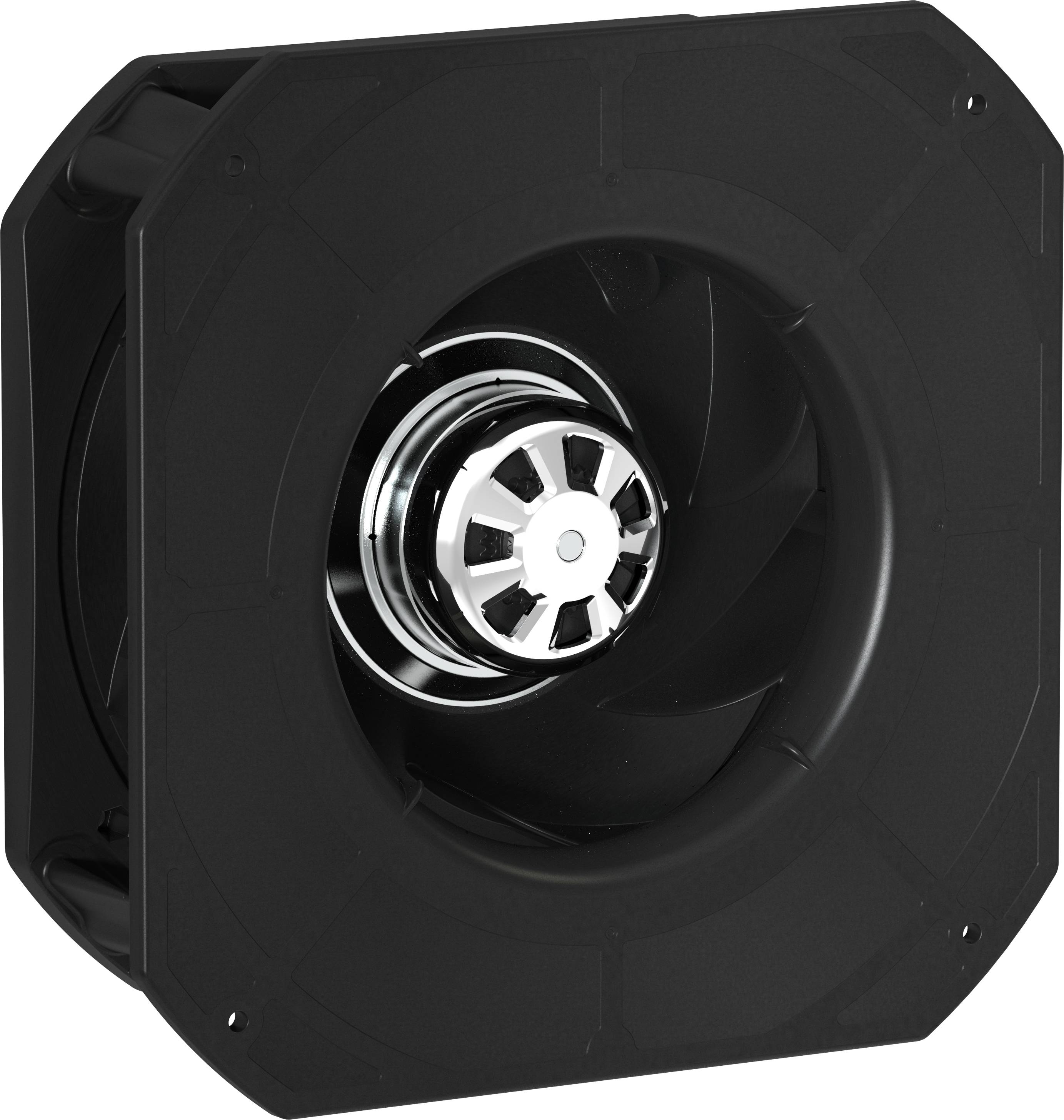 Črna kvadratna ohišja ventilatorja za prezračevanje s srebrnim osrednjim rotorjem, prikazano na beli podlagi.