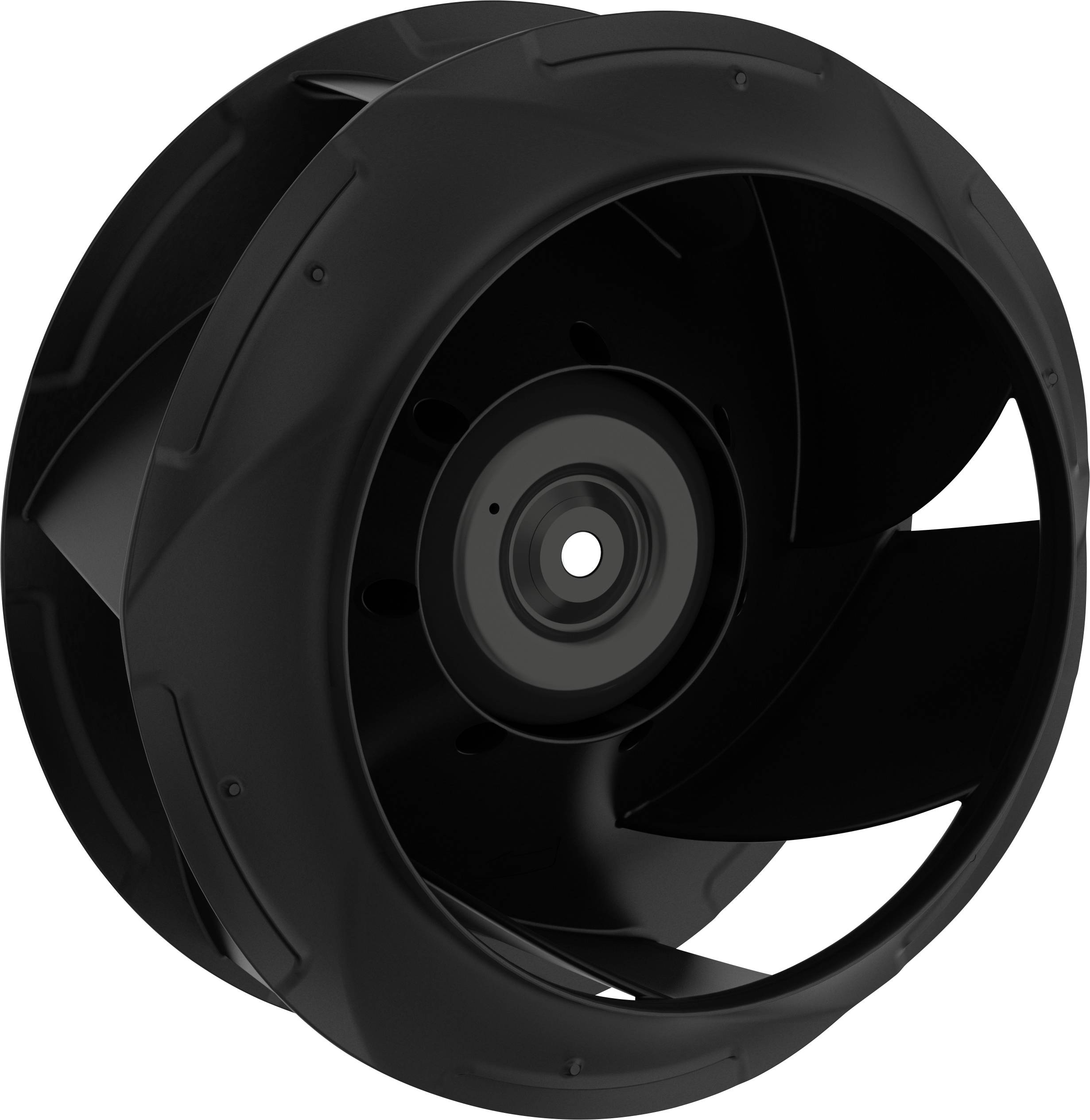 Črni industrijski aksialnih ventilator ali rotor s ukrivljenimi lopatami, prikazan v sprednjem pogledu na belem ozadju.
