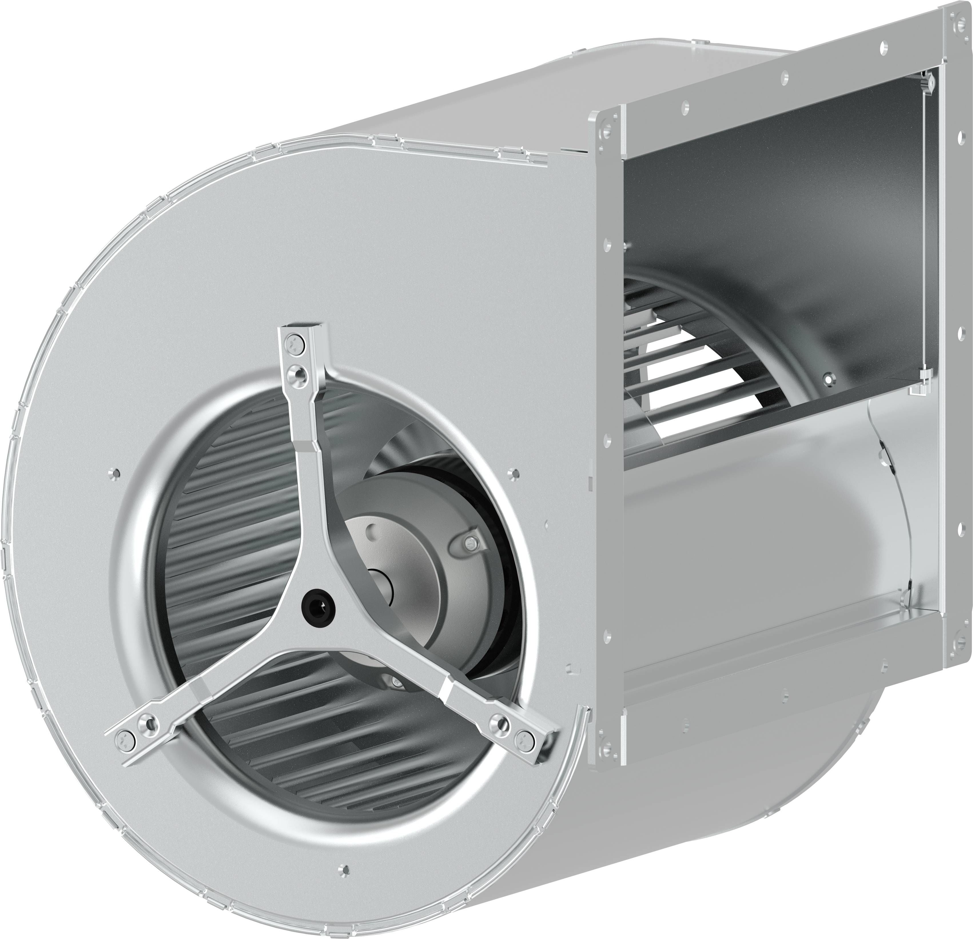 Industrijski centrifugalni ventilator v kovinskem ohišju s sprednjim krožnim vtokom in pravokotnim iztokom.