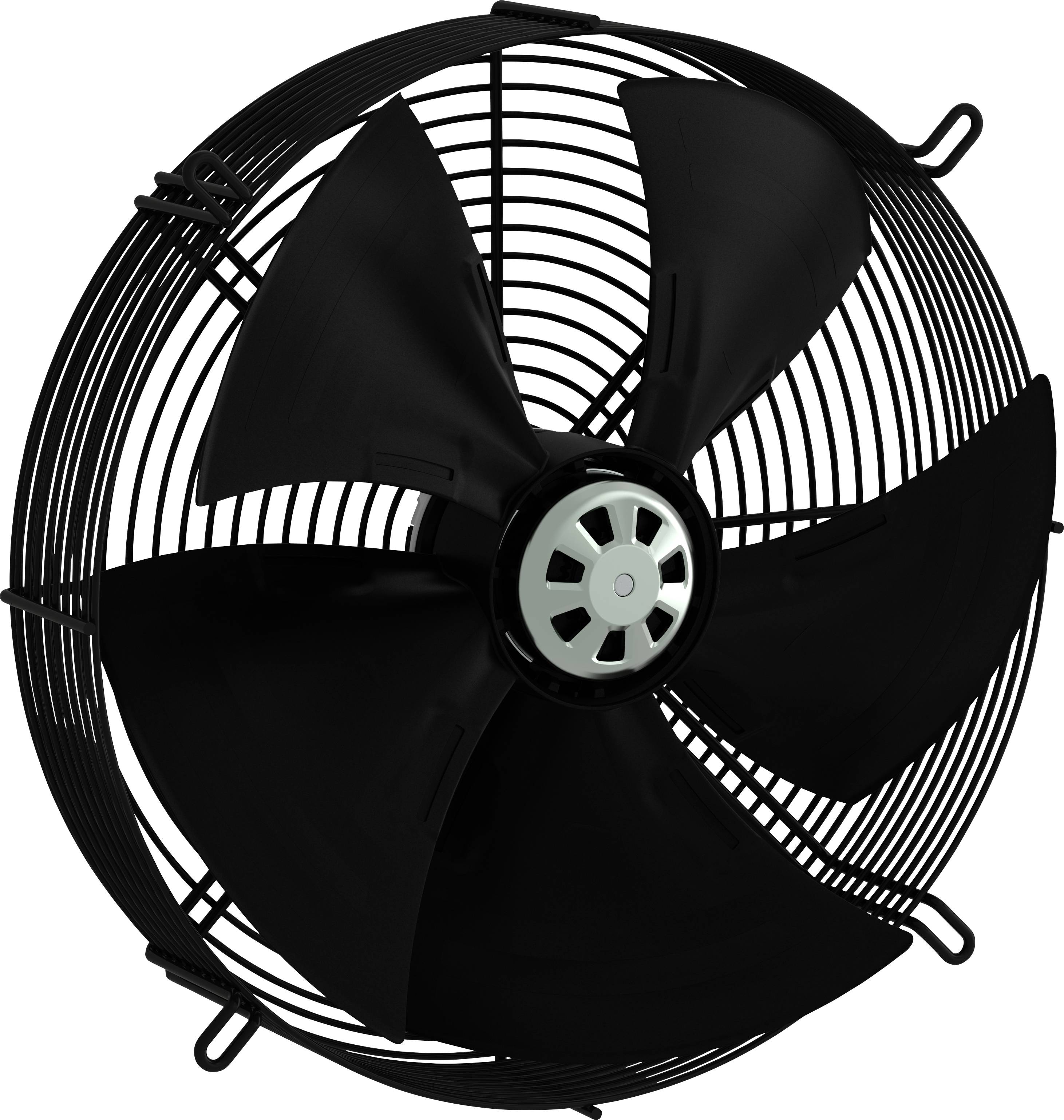 Črni industrijski stenski ventilator s petimi rezili in zaščitno žično mrežo, prikazan frontalno pred belim ozadjem.