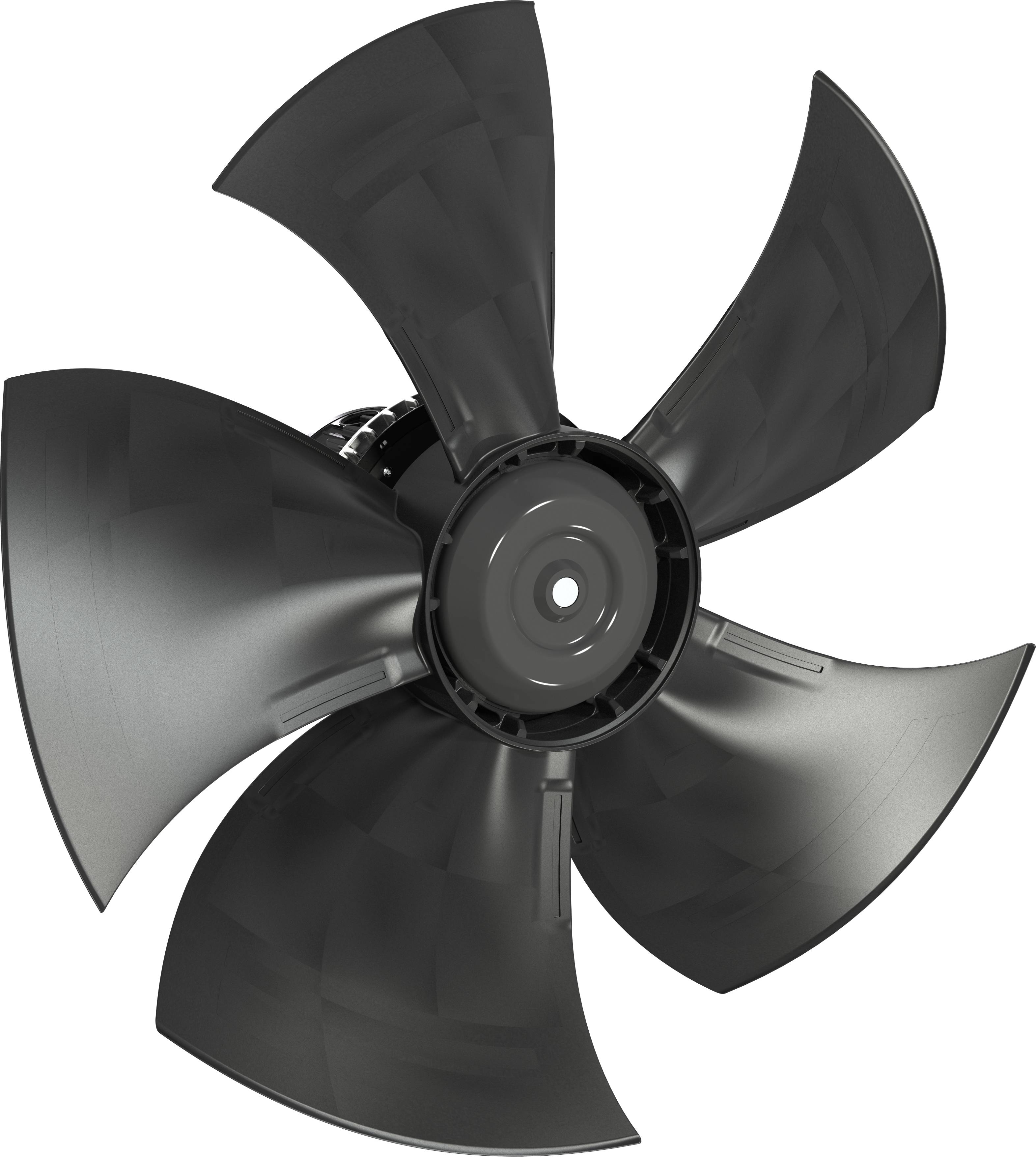 Črni ventilator s petimi lopatami ali propeler vidan od spredaj na belem ozadju.