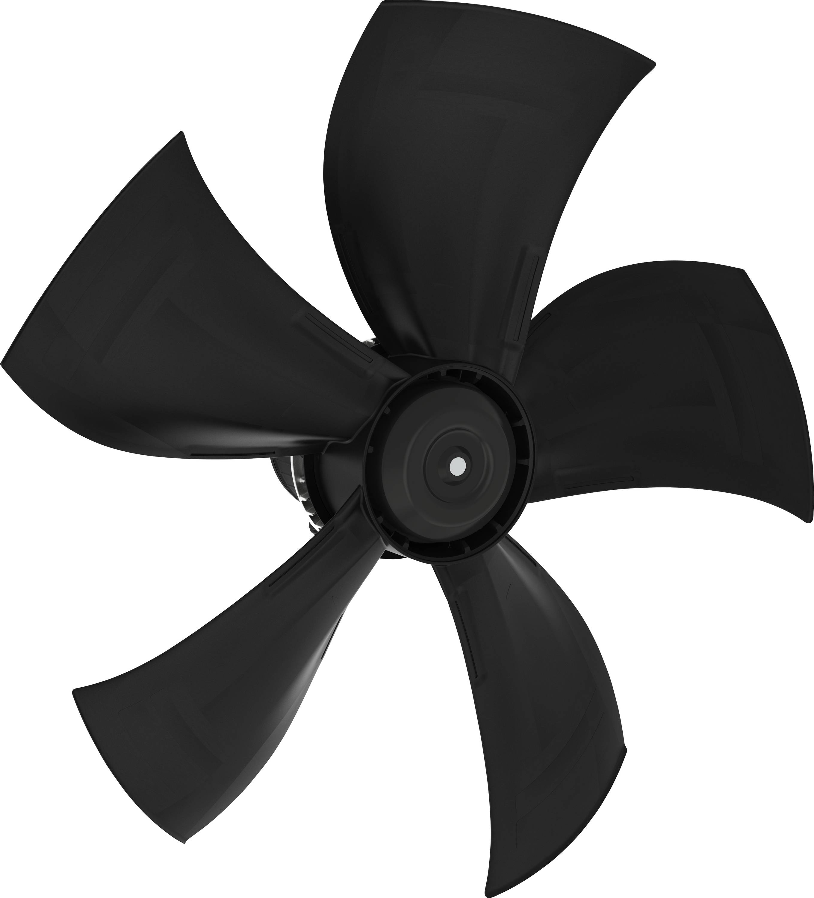 Črni ventilator s petimi lopatami ali propeler izoliran na belem ozadju, pogled od spredaj.