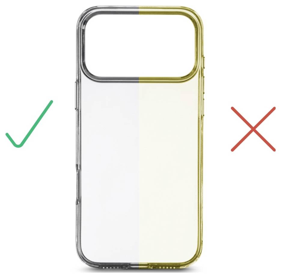 Prozorna zaščita telefona prikazana v slogu pred in po: leva stran je označena z zeleno kljukico in desna stran z rdečim X-om, kar kaže na pravilno in nepravilno videz zaščite.
