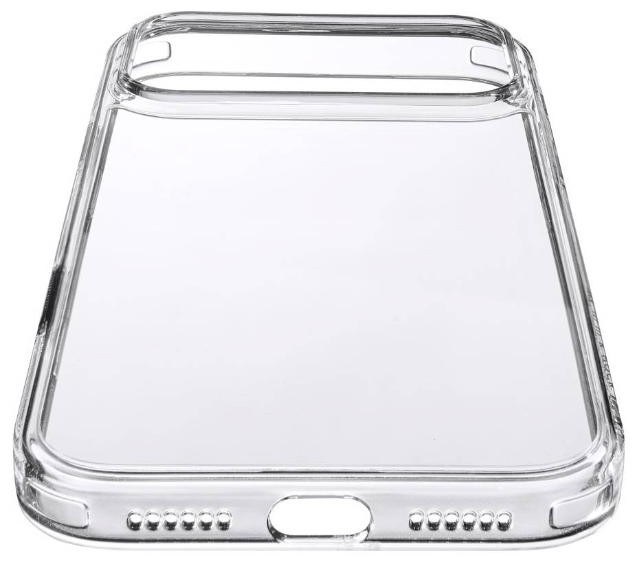 Prozorna čista zaščita za telefon prikazana od spredaj, z izrezi za kamero, gumbe, zvočnike in vhod za polnjenje.